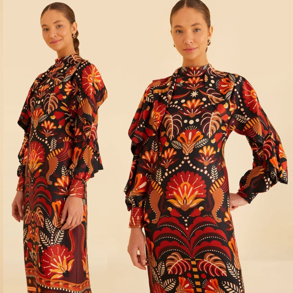Farm Rio Red Nature Beauty Scarf Backless Midi Dress - Picture 4 of 16